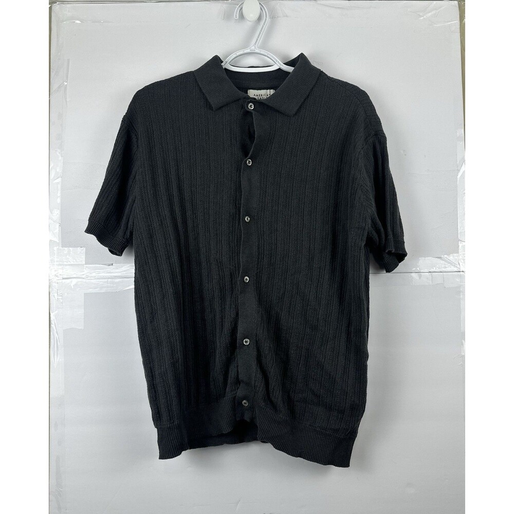 American Eagle Men's Medium Black Knit Polo Short Sleeve Button Front